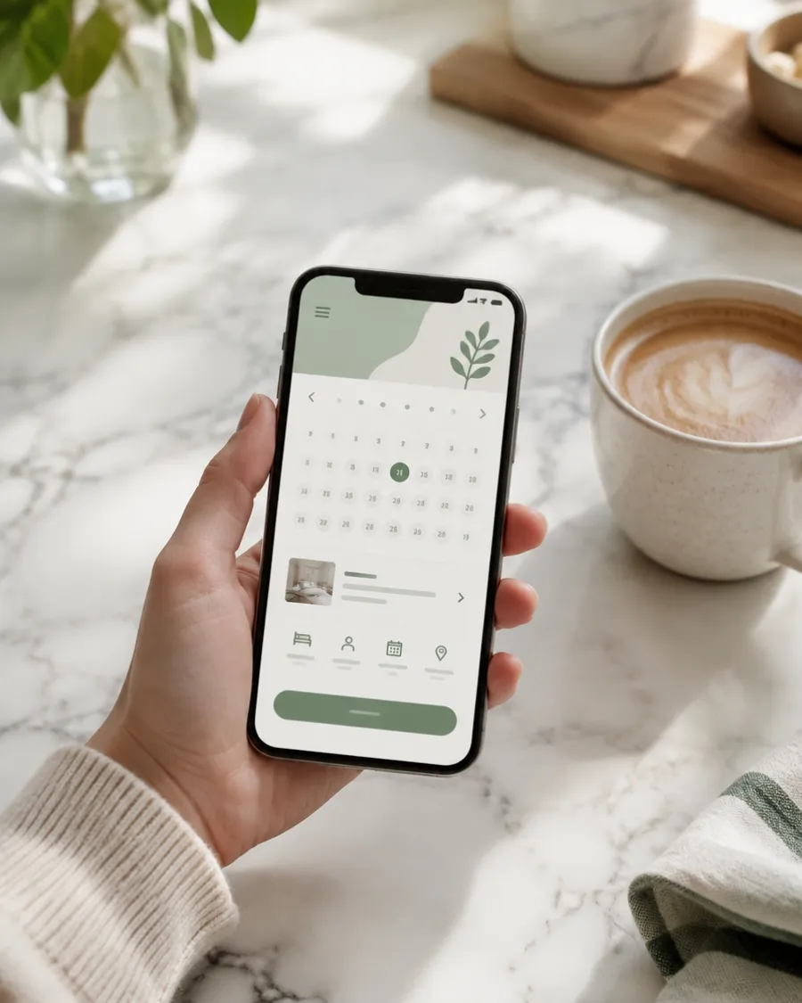 Hand holding a phone with a booking calendar