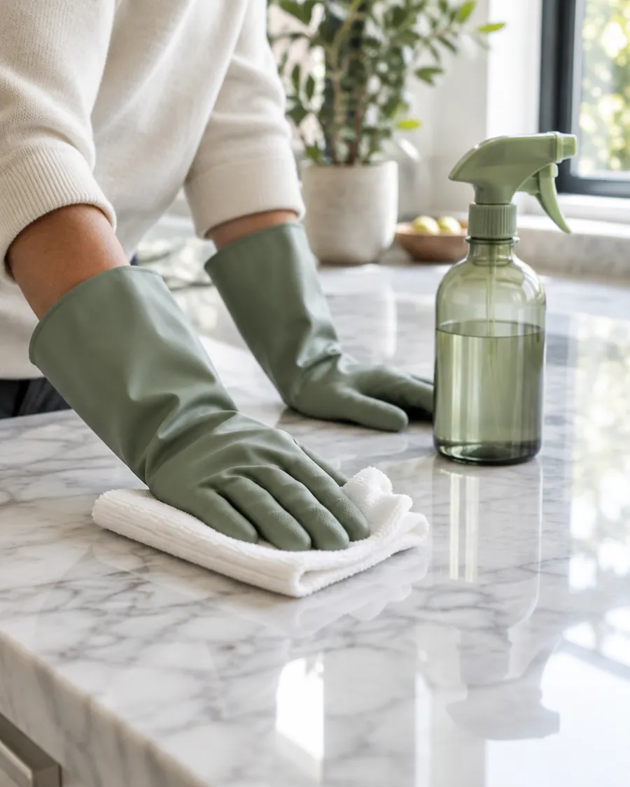 Gloved hands wiping a marble countertop