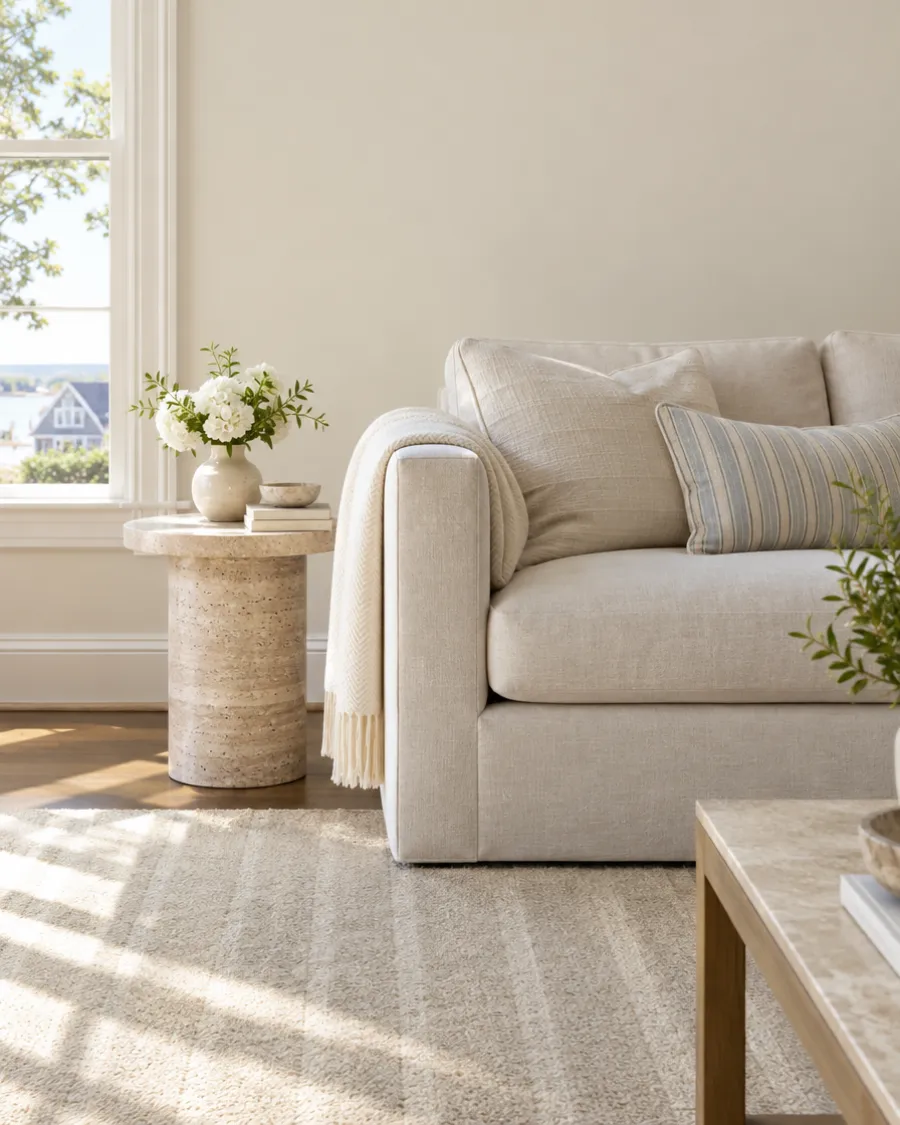 Tidy living room with a linen sofa and fresh flowers