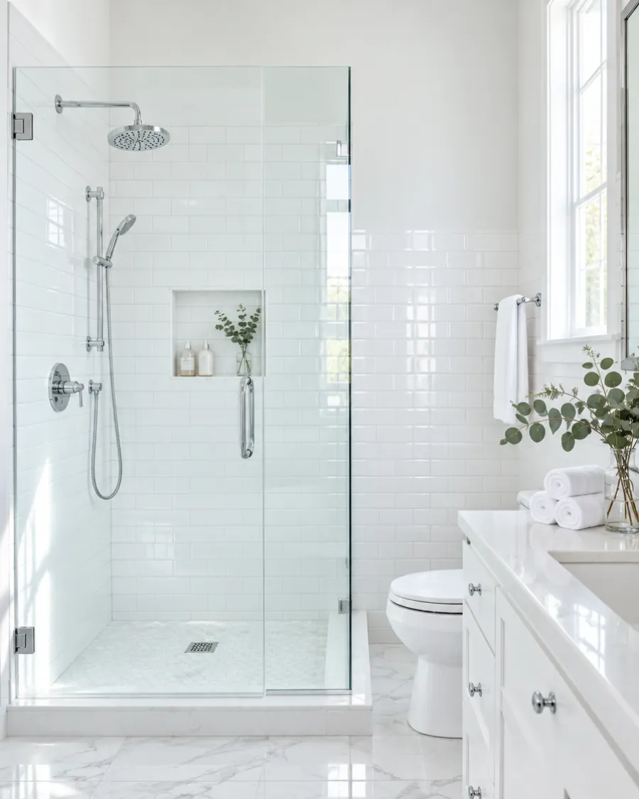 Spotless white bathroom with a glass shower