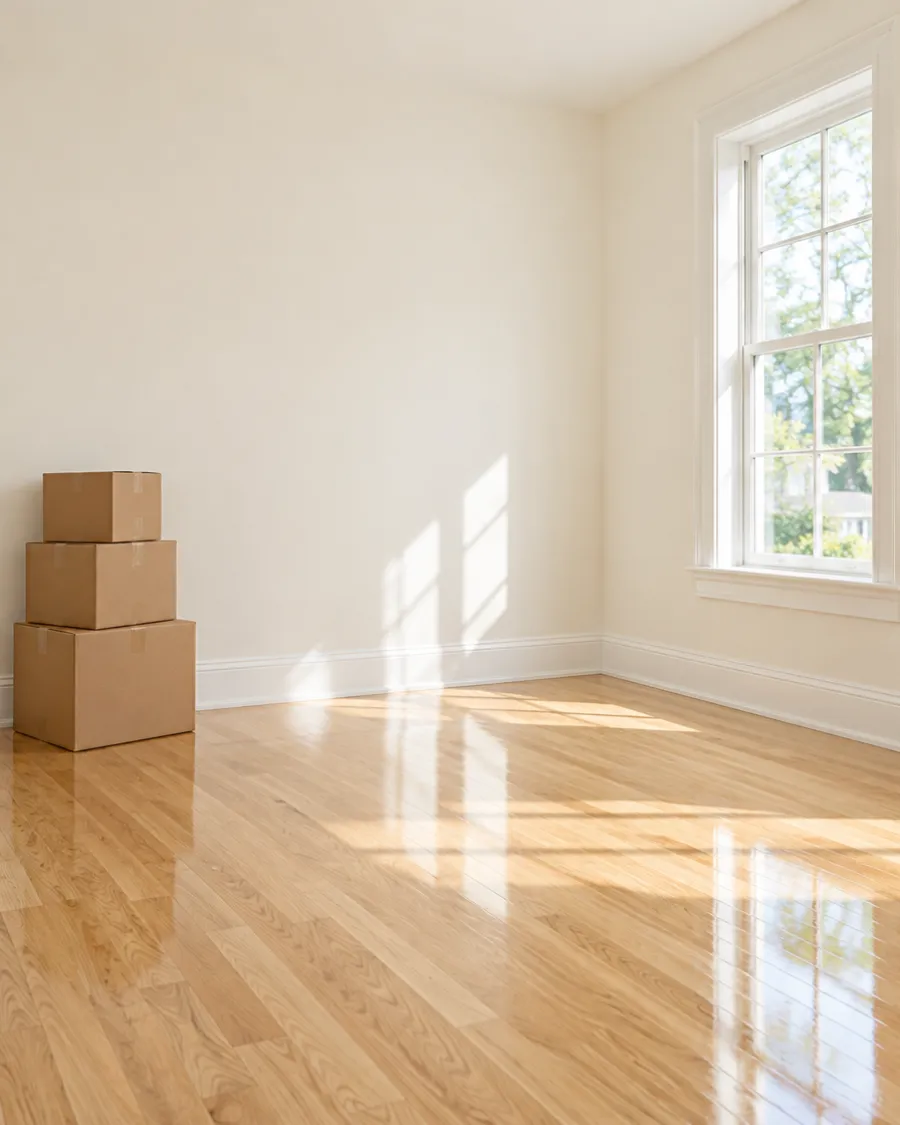 Empty bright room with shiny hardwood floor and moving boxes