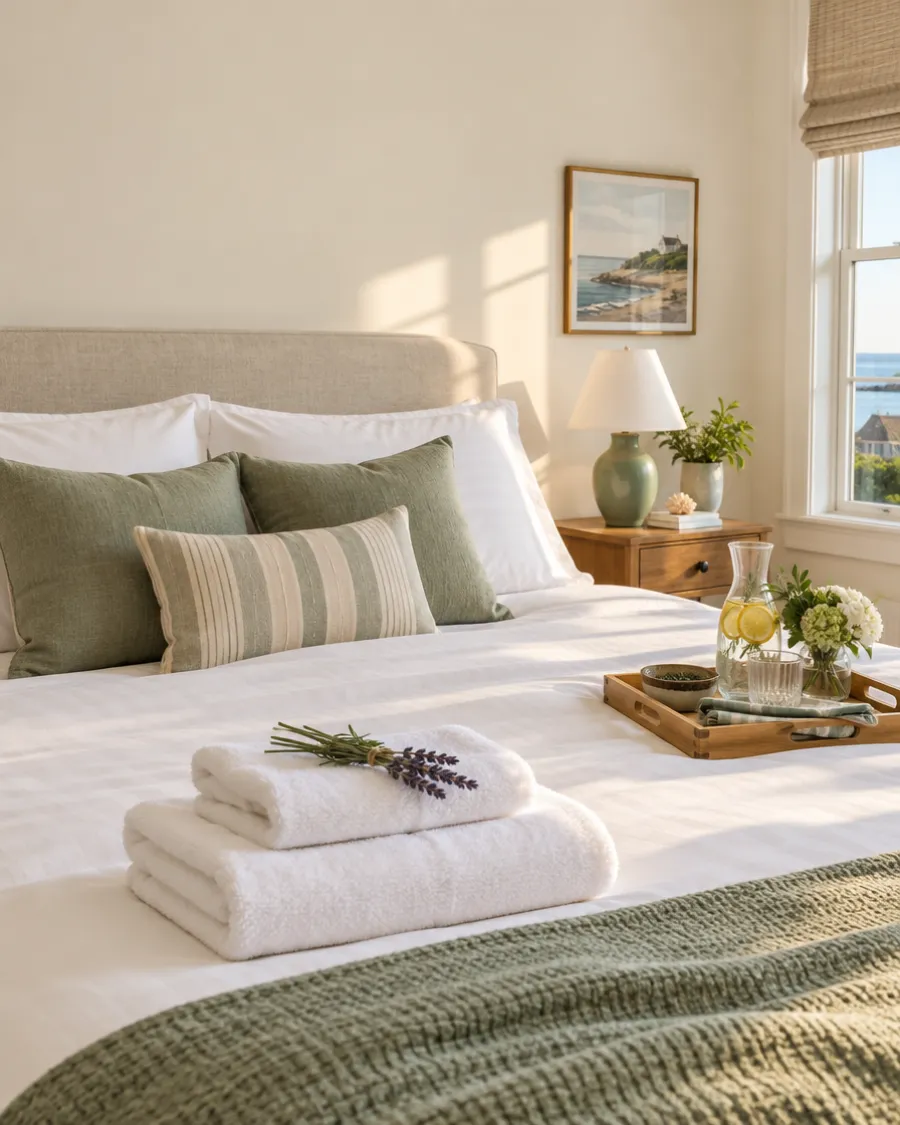 Guest bedroom with folded towels and a welcome tray
